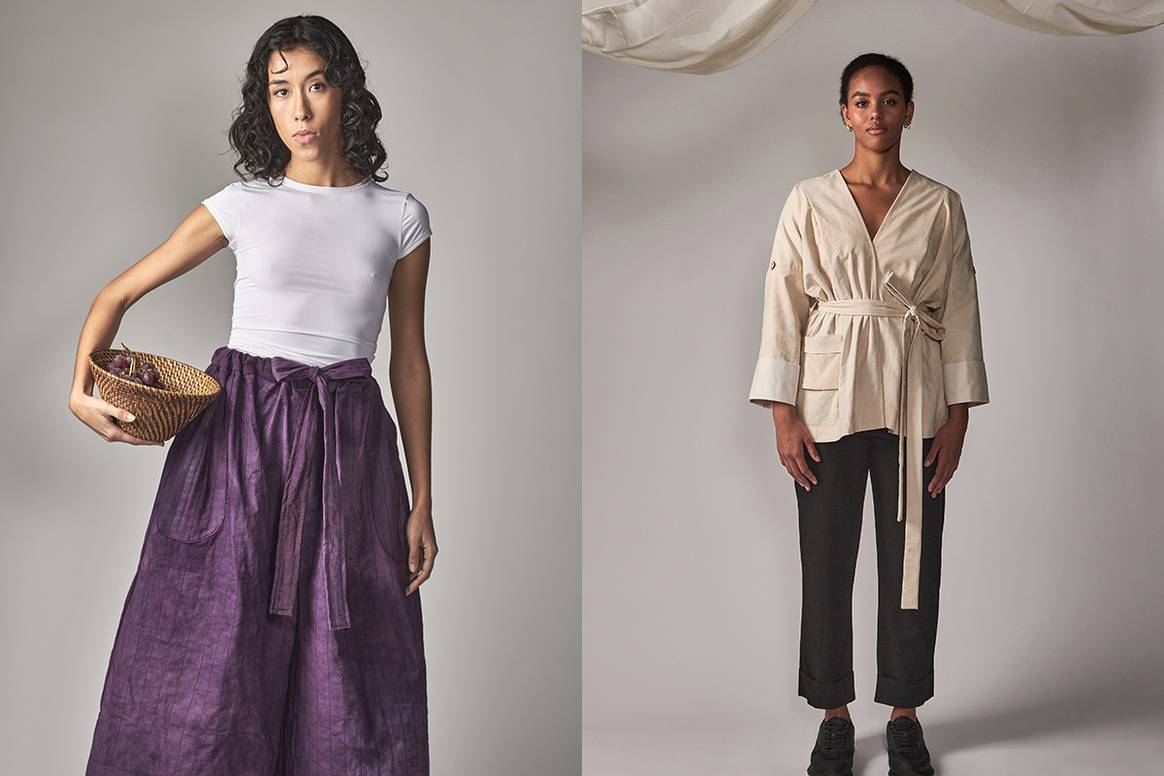 Proyecto “Roots”, Uniformes Zero Waste a partir de residuo textil del hotel Vila Sira. Diseñado y confeccionado por los alumnos del Máster de Moda Sostenible de la EASD de Valencia, dentro de la asignatura “La Moda como signo de identidad” impartida por Mariola Marcet y María Manrique. Créditos: Paola Cloquell (izquierda), Antoni Sanegre (derecha).