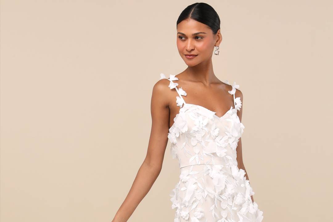 Elliatt x Lulus Bridal Capsule, Kore White and Beige 3D Floral Mermaid Maxi Dress