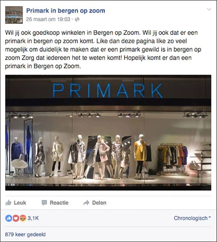 ‘Primark naar Bergen op Zoom’-actie op Facebook krijgt duizenden likes