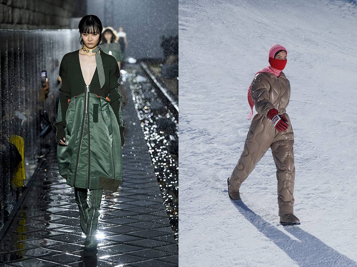 Links: Een nieuwe interpretatie van outerwear met een hoofdrol voor metallics bij Sacai womenswear SS21. Beeld via CatwalkPictures.com Rechts: doorgestikte, gewatteerde jumpsuit bij Miu Miu womenswear FW21. Beeld via PR bureau Loews.