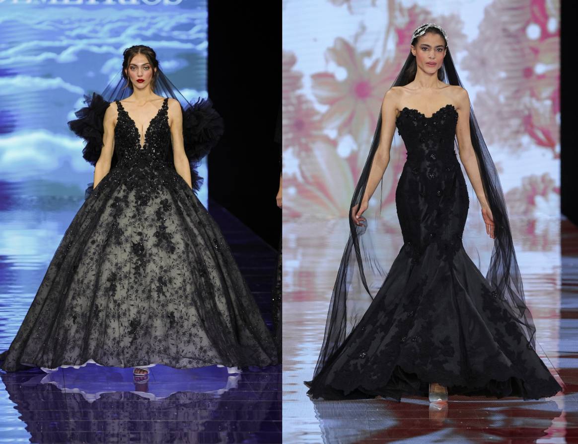 Dramatic black lace dresses on the runway at Demetrios (left) and Modeca. Credit: Spotlight Launchmetrics