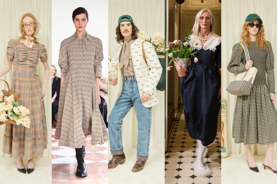 Lidewij Edelkoort’s ‘The Charm of the Farmers’ Market’ SS27 trend in pictures: celebrating togetherness and everyday beauty through functional, lived-in garments—vichy checks, handkerchief patterns, pinafores, and simple graphic finishes at