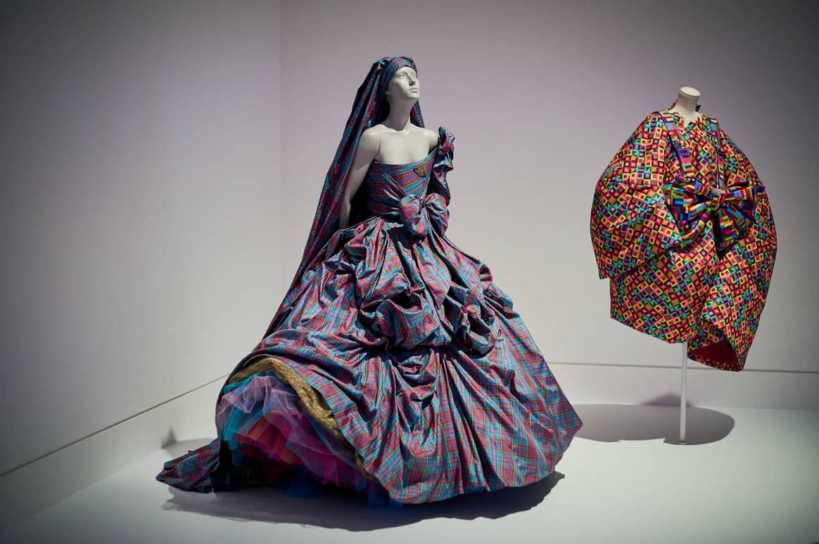 Vivienne Westwood and Comme des Garçons garments on display at  the media announcement of Westwood | Kawakubo at NGV International