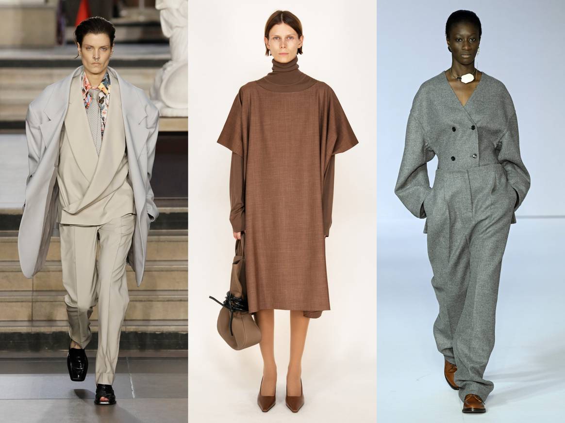 Looks aus der HW22/23-Kollektion von Louis Vuitton, The Row und Calcaterra (von links nach rechts). Bilder: Louis Vuitton, The Row, Calcaterra via Catwalkpictures