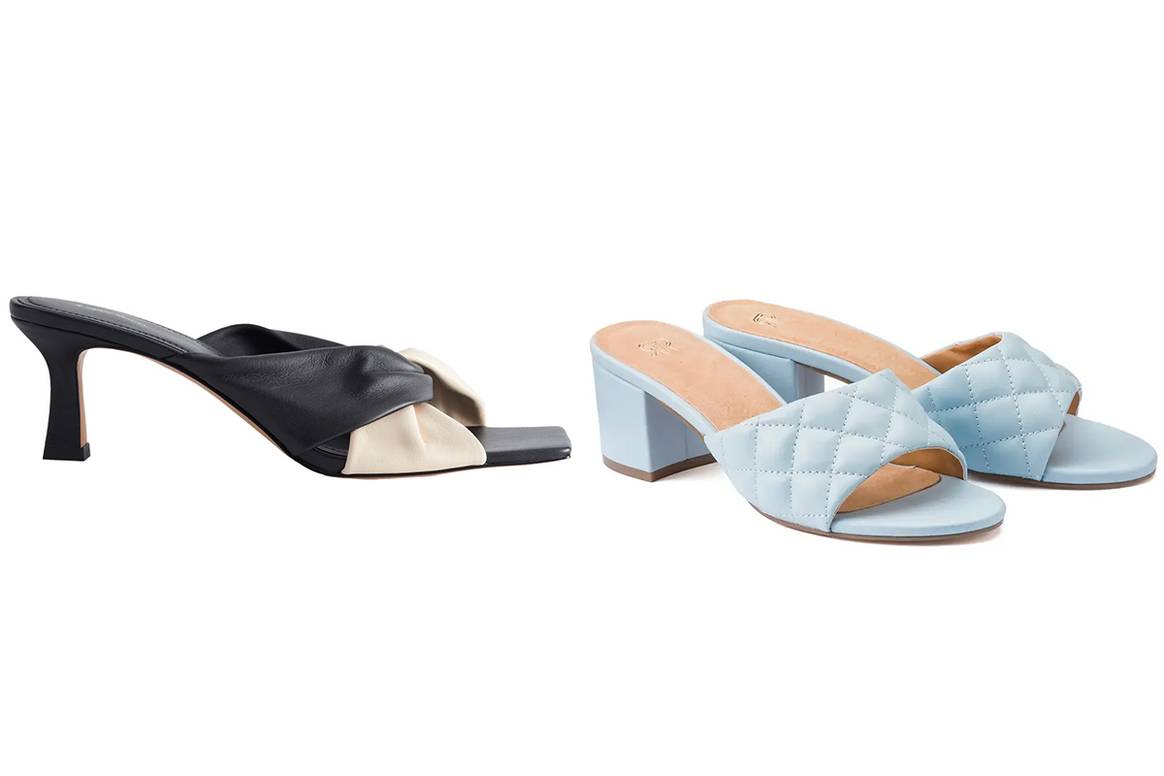 Mules de tacón de &Other Stories por 99 euros y La Redoute por 64,99 euros, inspirados en las codiciadas sandalias trenzadas y acolchadas de Bottega Veneta con tacón y mules, como puedes ver en la foto superior. La marca italiana de marroquinería de lujo alcanzó un auténtico estatus de culto bajo el liderazgo del antiguo director creativo Daniel Lee. Créditos de las fotos: Colección SS22 de La Redoute vía MMBSY y la Colección Cápsula de Verano SS22 de &Other Stories, vía Agencia UPR.