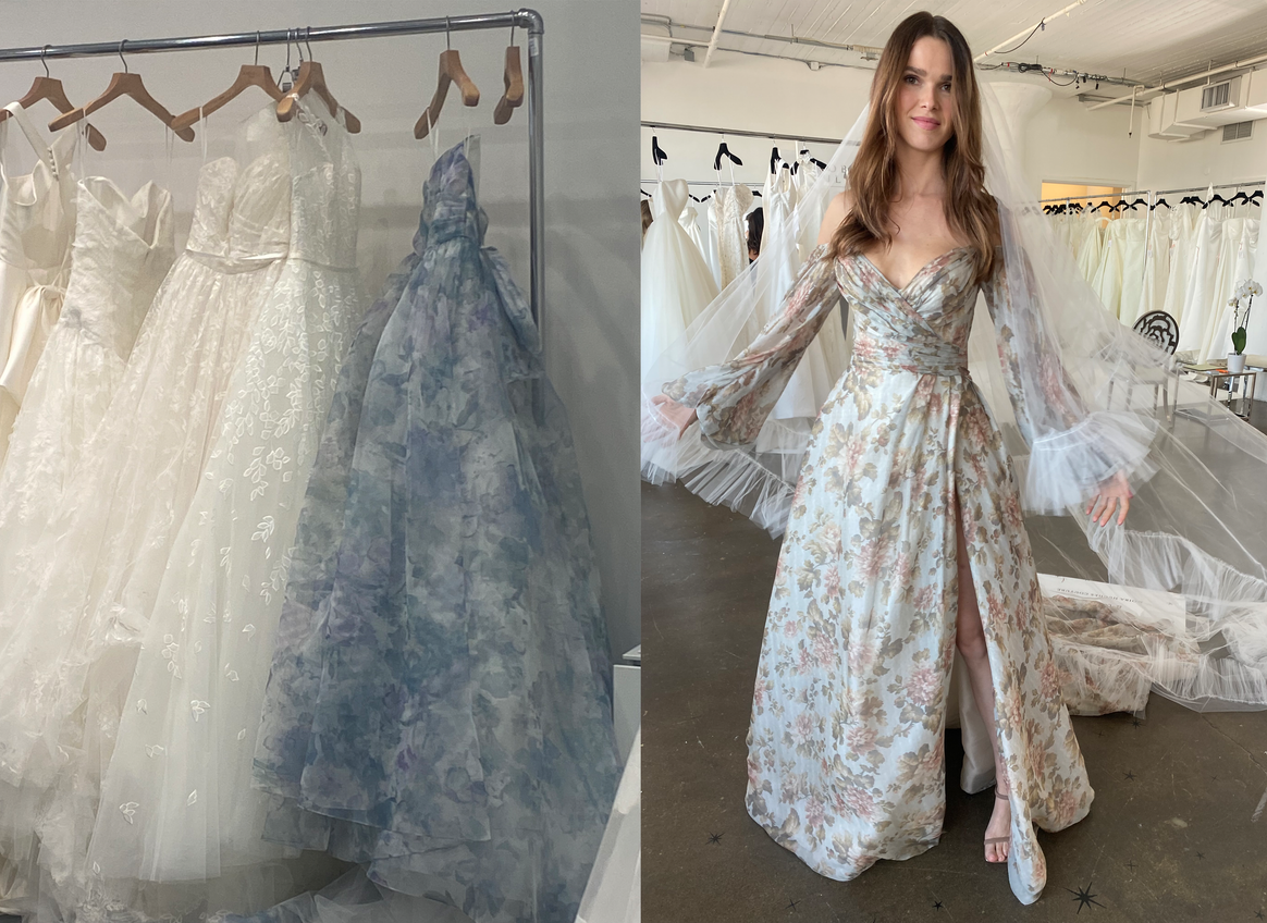 Soft floral prints from Left, Amsale Nouvelle and Right, Moira Hughes
