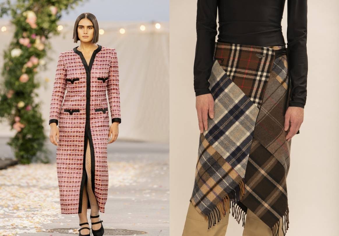 À gauche : Tweeds de différents fils chez Chanel couture printemps-été 2021. À droite : jupe couverture chez Marine Serre automne-hiver 2021-2022. Photos : Catwalkpictures