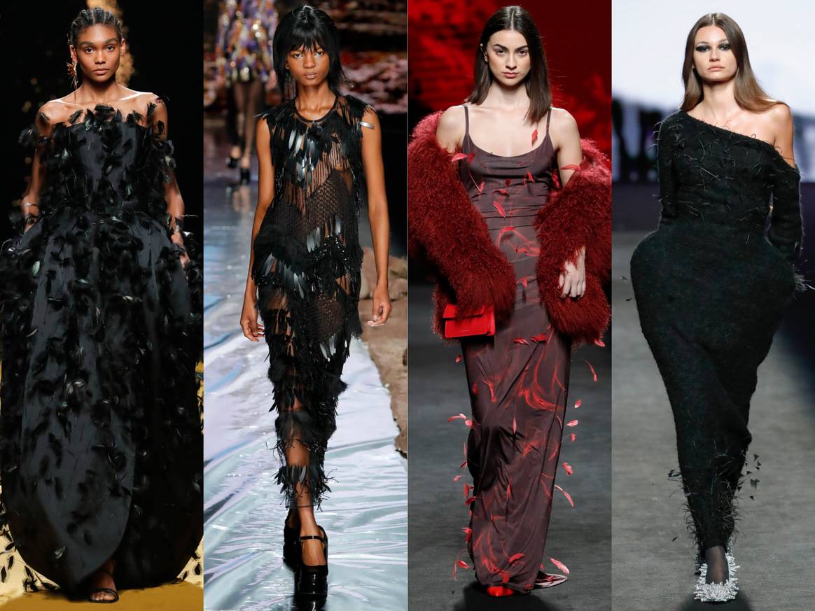 Vestidos adornados con plumas en Isabel Sanchis, Duyos, Claro Couture y Adria Egea (de izquierda a derecha)
