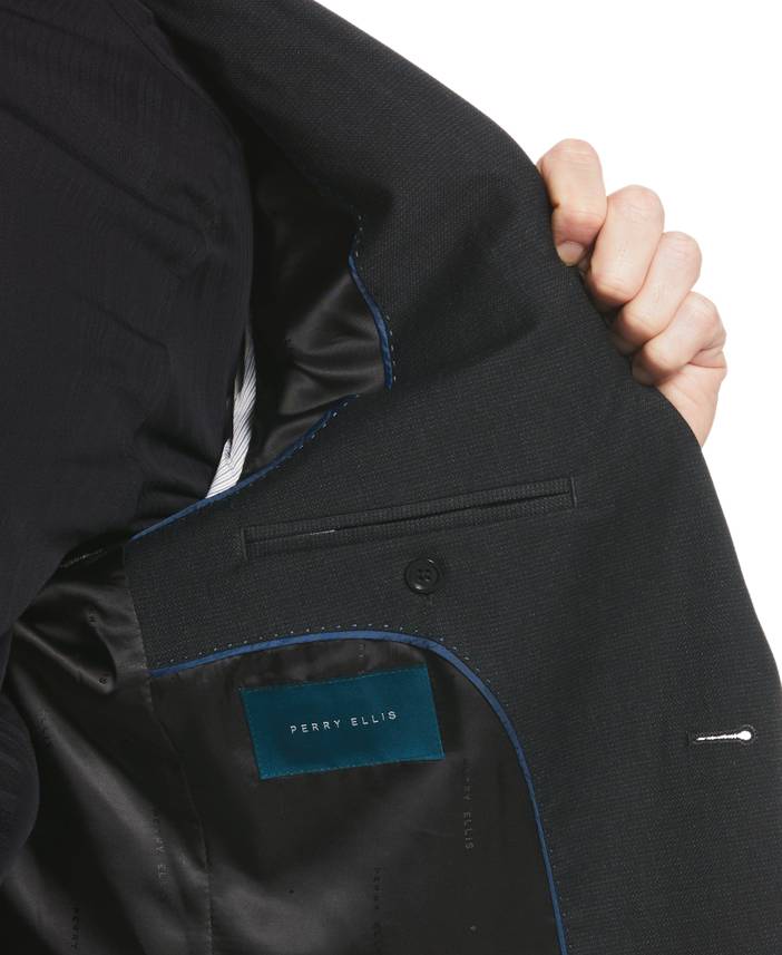 Men's Machine Washable Textured Suit Jacket in Black, Size 42 | Regular, Polyester/Elastane/Viscose, Solid | Perry Ellis