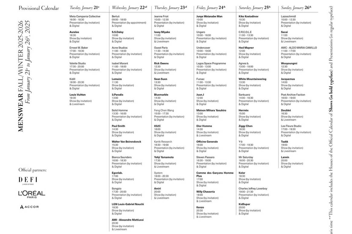 Calendrier provisoire PFW collections masculines FW25/26