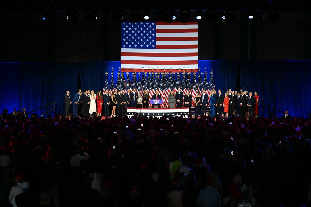 Former and future US President Donald Trump speaks during an election event at the West Palm Beach Convention Center in West Palm Beach, Florida, on 6 November 2024