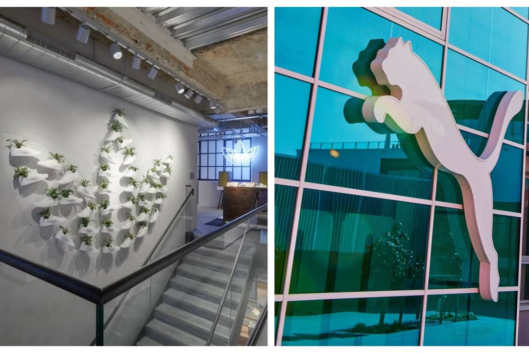 Links: De flagshipstore van Adidas Originals in Londen | Rechts: Puma HQ
