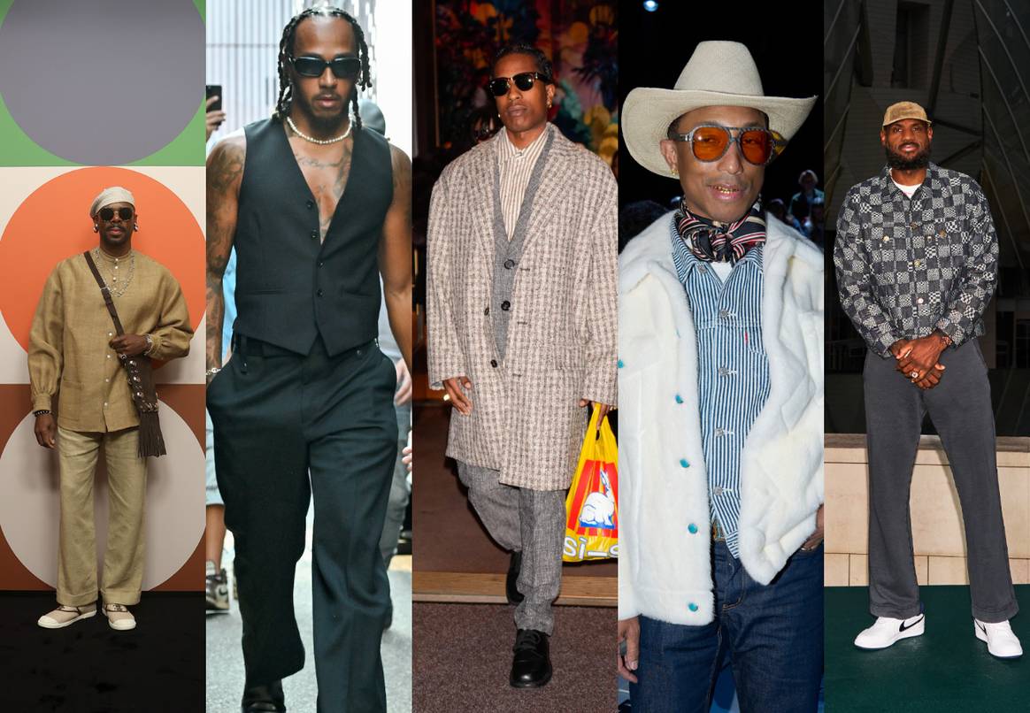 Colman Domingo at Valentino's SS25 show; Lewis Hamilton wearing Burberry at the F1 Italian Grand Prix; A$AP Rocky wearing Bottega Veneta; Pharrell Williams at the Dior Men FW24 show; Lebron James at Louis Vuitton Foundation event.