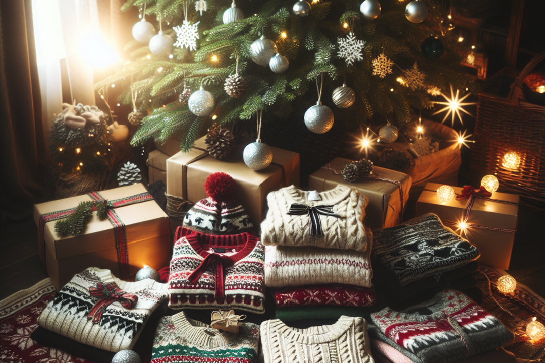 Image depicting sweaters under a Christmas tree.