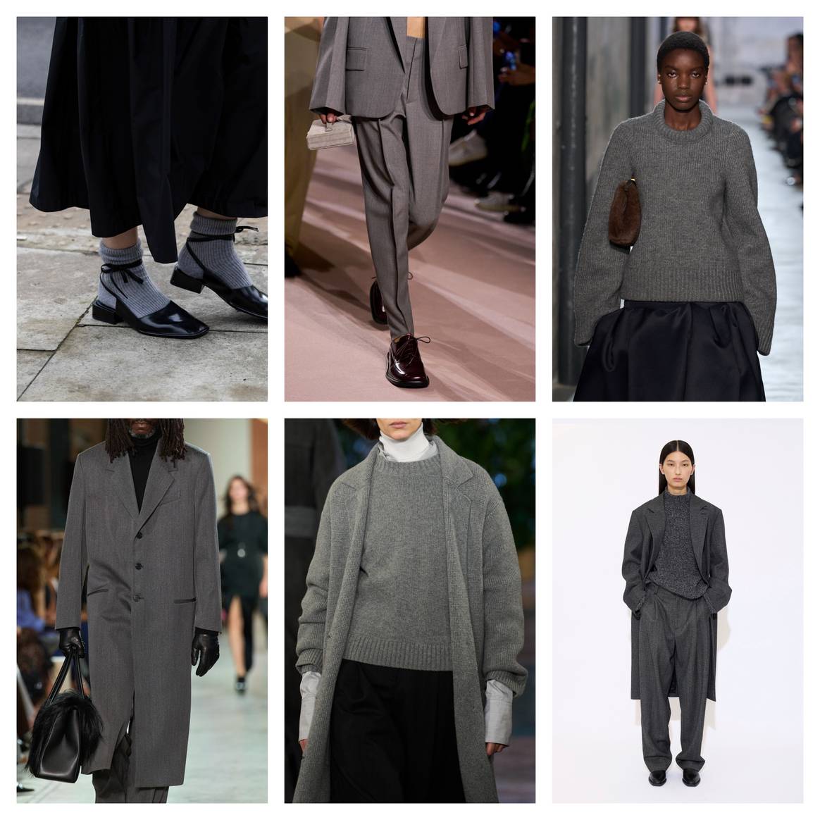 Grijs maakt zijn comeback. V.l.n.r van boven naar beneden: Street Fashion FW24 Ready to Wear,  Victoria Beckham FW25 - Ready to Wear, N°21 FW25 - Ready to Wear. Michael Kors FW25 Ready to Wear, TWP FW25 - Ready to Wear en Gauchere FW25 - Ready to Wear.
