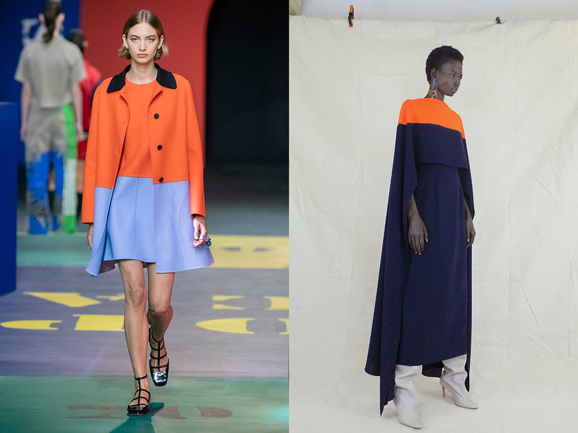 Hier zie je colorblocking bij Christian Dior en Roksanda. Credit: Christian Dior SS22 en Roksanda AW21 via Catwalkpictures.com. De Roksanda jurk is overigens ook tweekleurig.