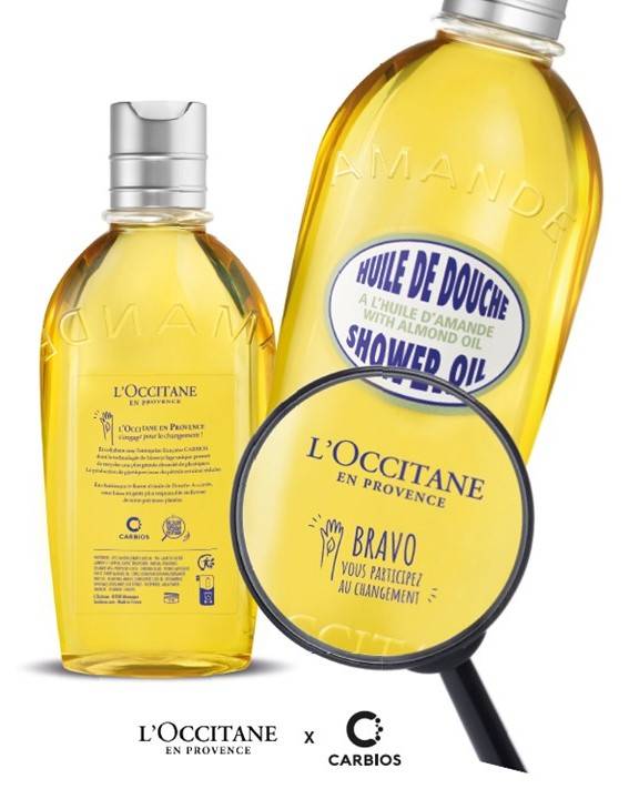 L’Occitane en Provence’s Amande shower gel in a 100 percent biorecycled PET bottle