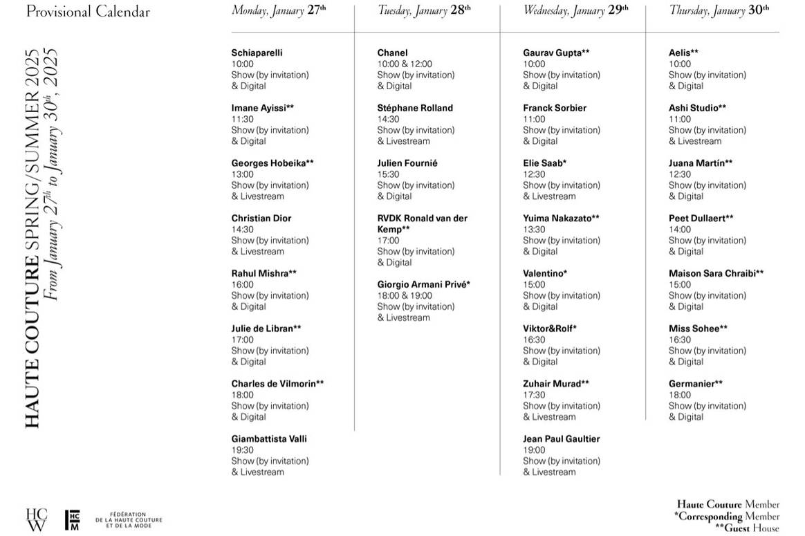 Calendrier provisoire de la Haute Couture week printemps-été 2025