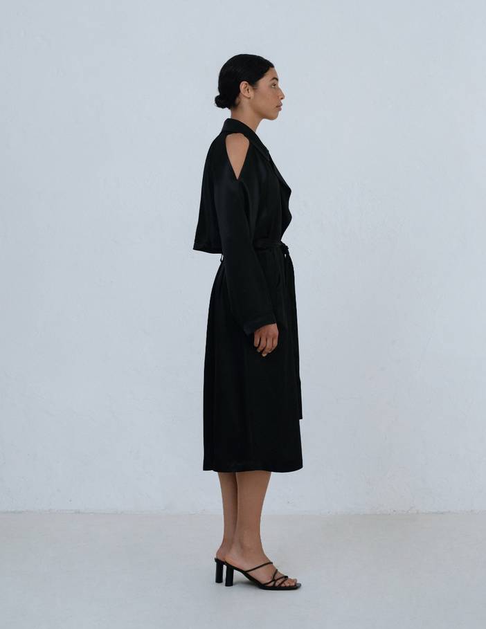Black Belted Satin Trench Coat | A LINE