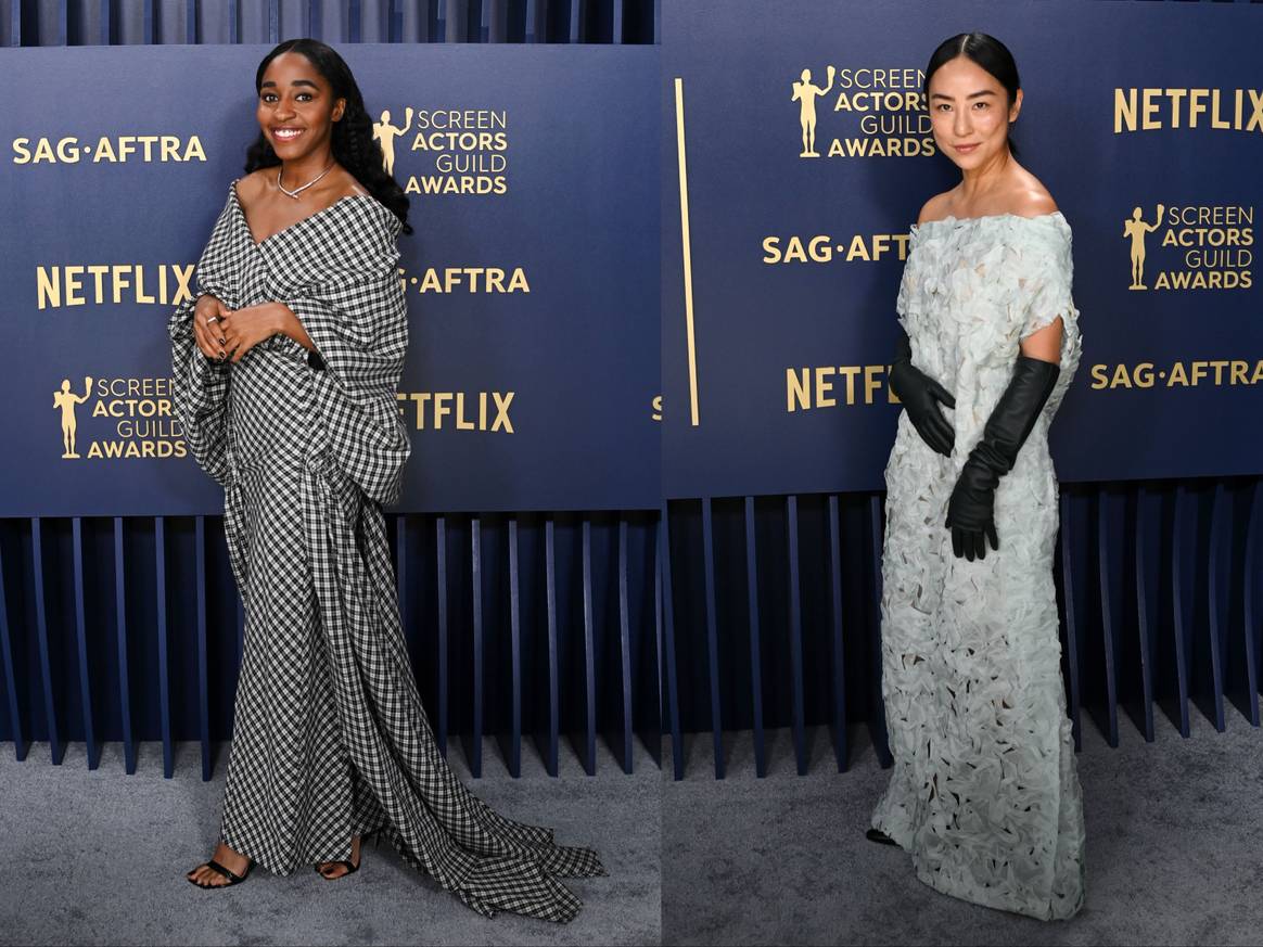 Ayo Edebiri (left) in a gown by Luar and Great Lee wearing The Row
