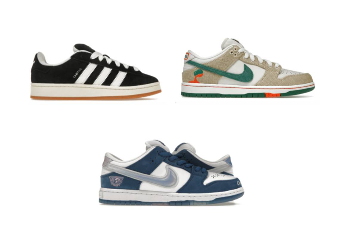 V. l. n. r.: Adidas Campus Core Black, Nike SB Dunk Low Jarritos, Nike SB Dunk Low Born X Raised One Block At A Time. Bild: StockX