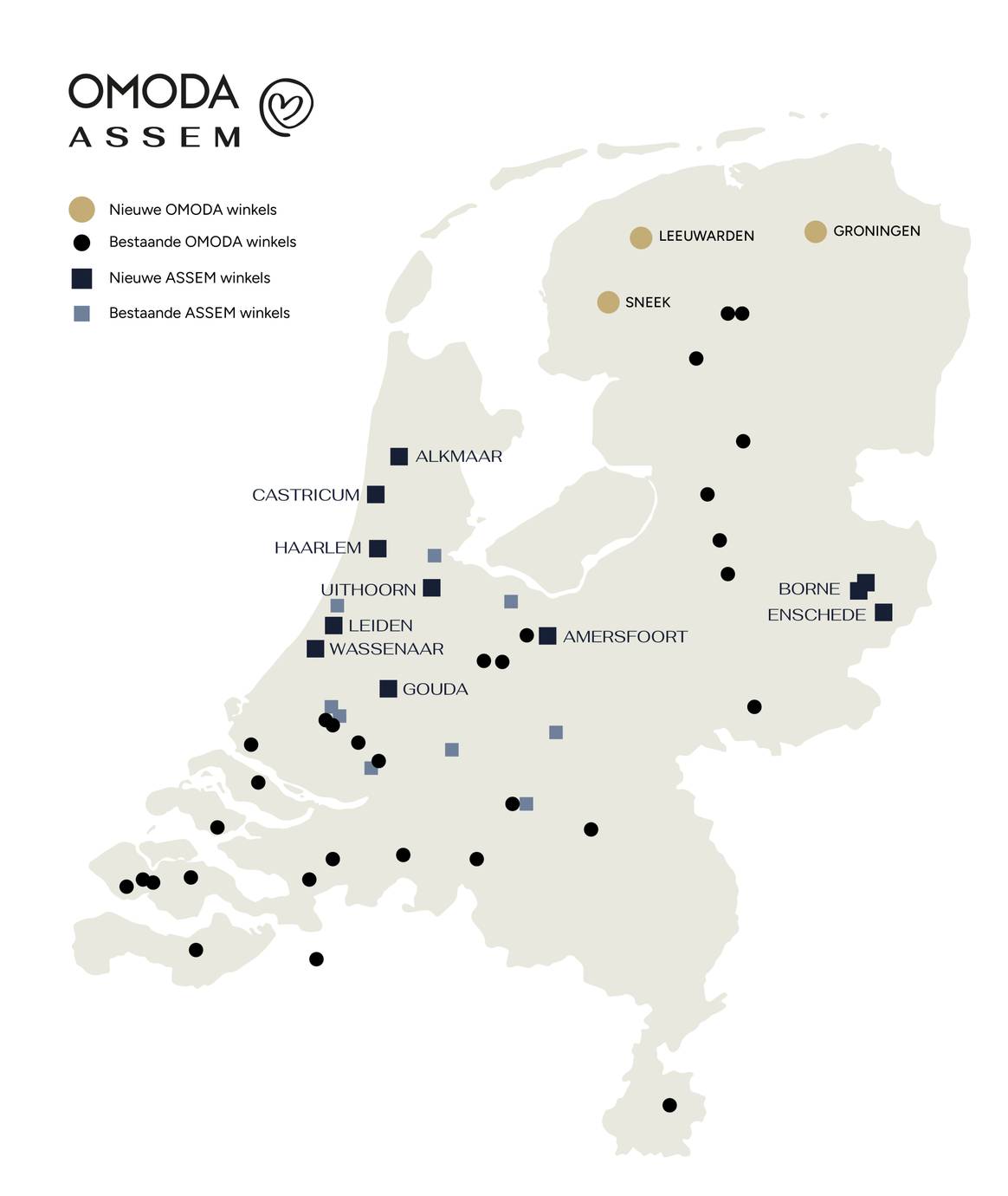 Landkaart met nieuwe Omoda en Assem winkels