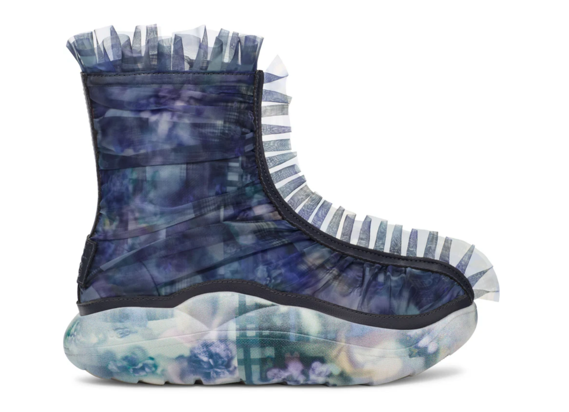 Ugg x Collina Strada Ruffle Boot in dark blue floral print.