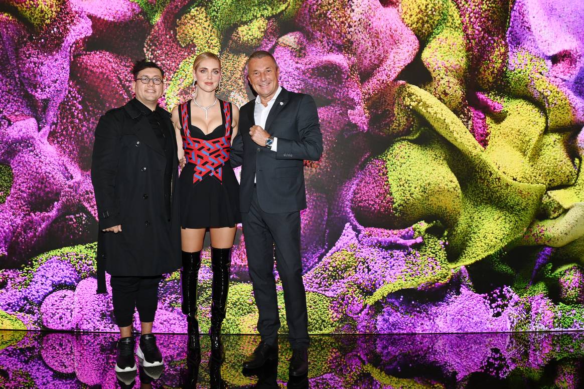 Image: Buglari From left: Refik Anadol, Chiara Ferragni, Jean-Christophe Babin