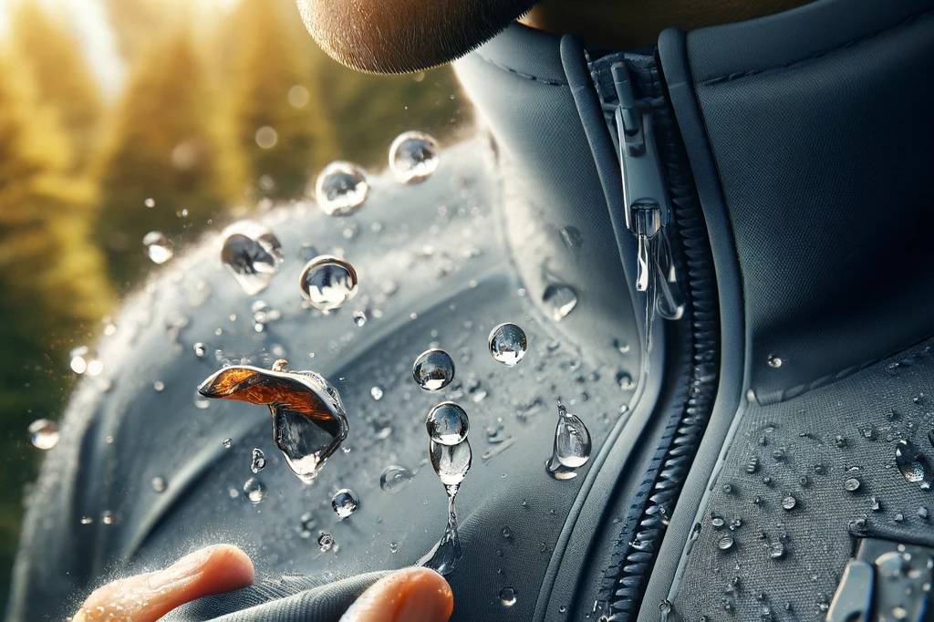 KI-Illustration – Einsatz von PFAS in der Modebranche, mit Schwerpunkt auf der wasserabweisenden Wirkung auf Textilien.