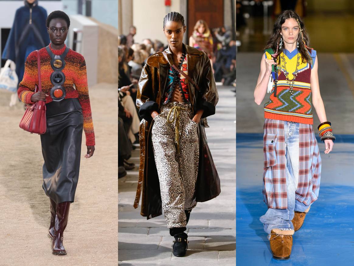 Looks aus der HW22/23-Kollektion von Chloé, Etro und Dsquared2 (von links nach rechts). Bilder:Chloé, Etro und Dsquared via Catwalkpictures