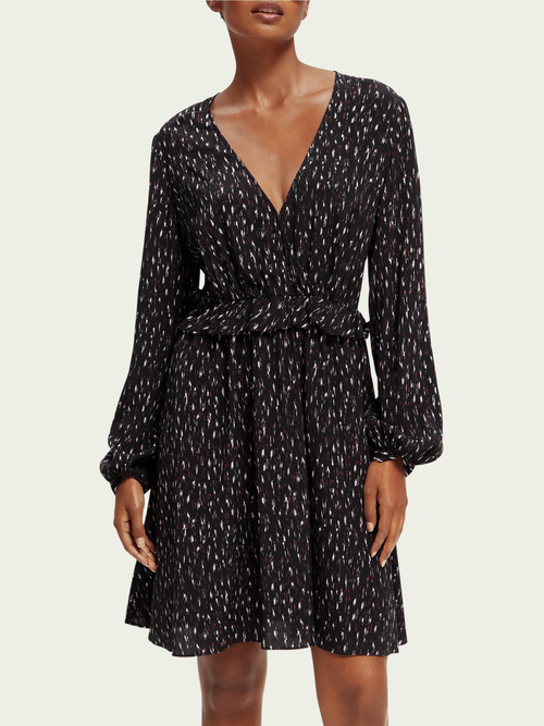 Mini-jurk met print, V-hals en lange mouwen | Scotch & Soda