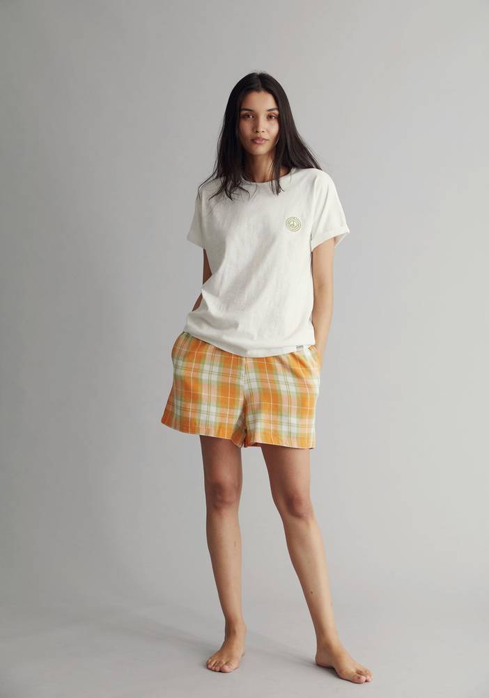 JIM JAM Pyjama Shorts Set Womens -GOTS Organic Cotton Off White / Orange Check | Komodo