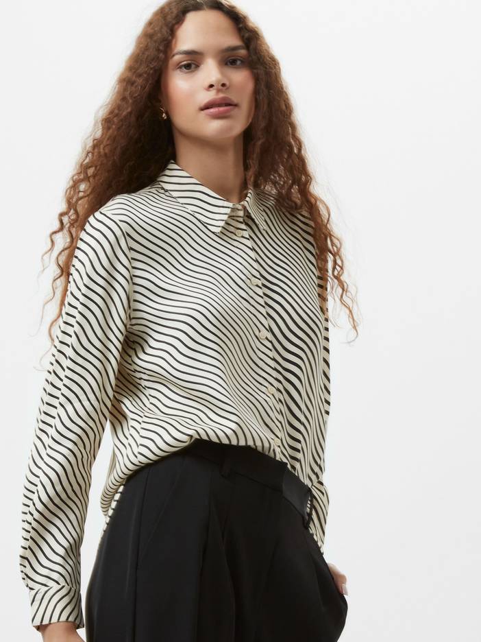 Candice Satin Stripe Shirt Black/Cream | French Connection