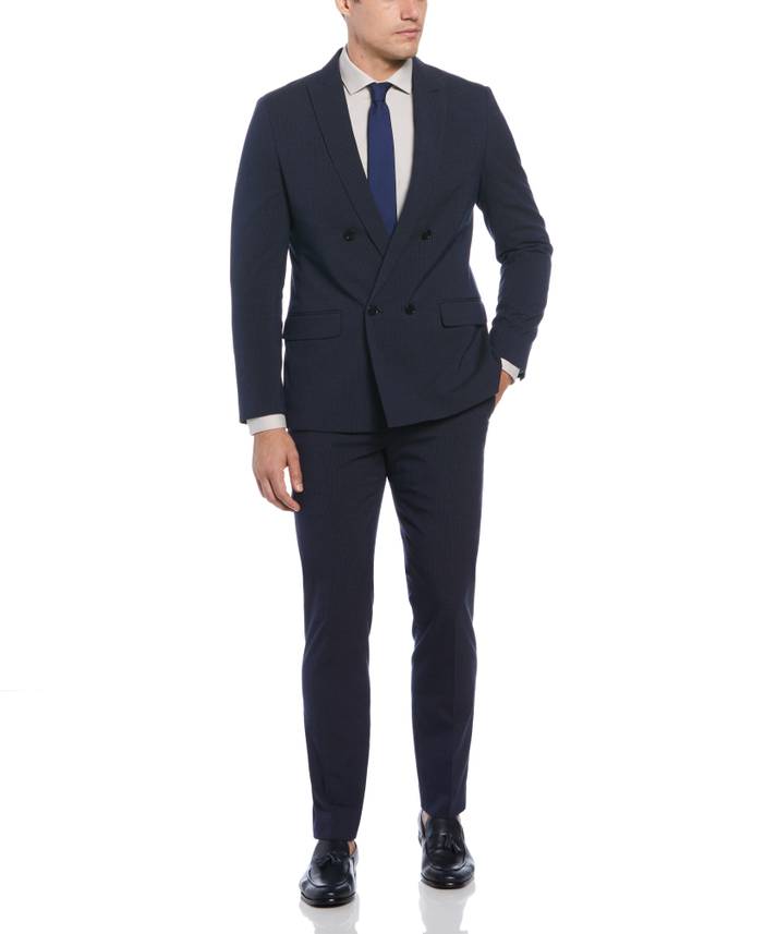 Men's Slim Fit Double Breasted Pinstripe Suit Jacket in Navy/Blue, Size 42 | Regular, Polyester/Rayon/Spandex | Perry Ellis