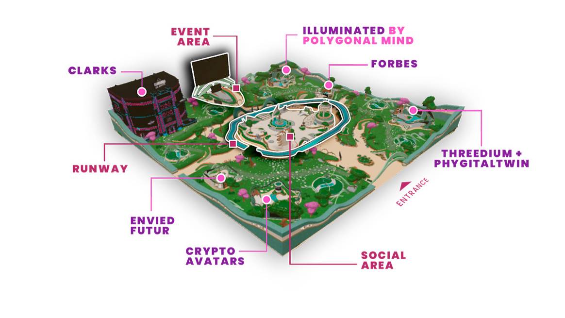 Photo Credits: Plano de la nueva Organic Origins, una de las área de Decentraland desde donde se desarrollaran las distintas activaciones de la segunda edición de la Metaverse Fashion Week. Decentraland, página oficial.