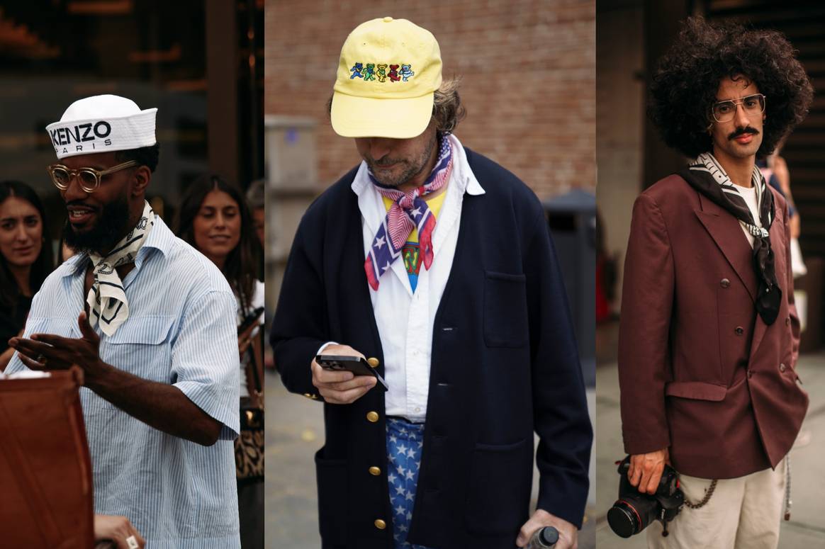 Bandana bandits at Pitti Uomo. Images: Pitti Immagine (left), Spotlight Launchmetrics