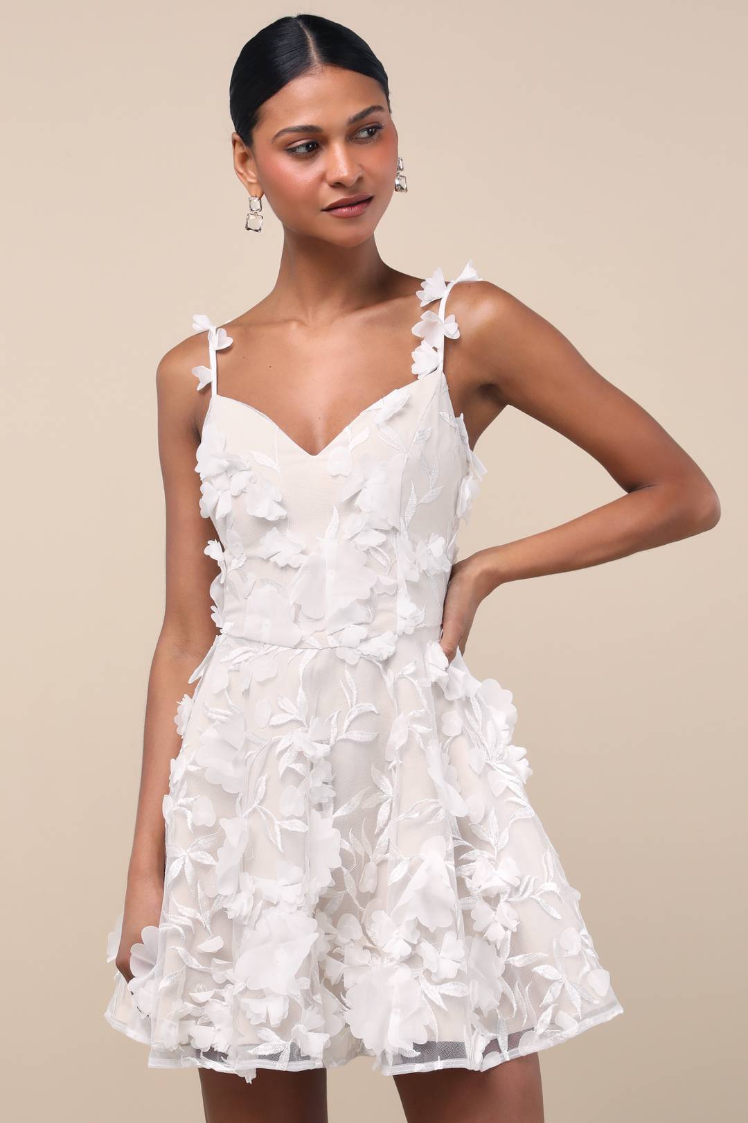 Elliatt x Lulus limited edition bridal collection, Flaviana White and Beige 3D Floral Embroidered Mini Dress