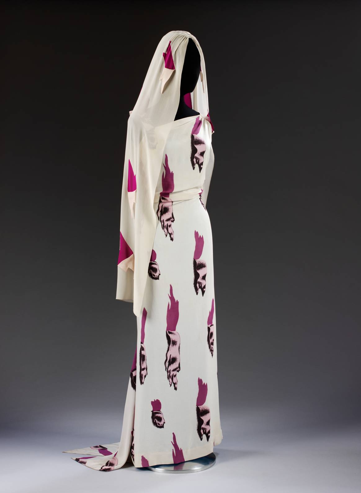 'Tears' Evening dress and head veil, designed by Elsa Schiaparelli, February 1938 for Circus Collection, summer 1938. Fabric designed by Salvador Dali