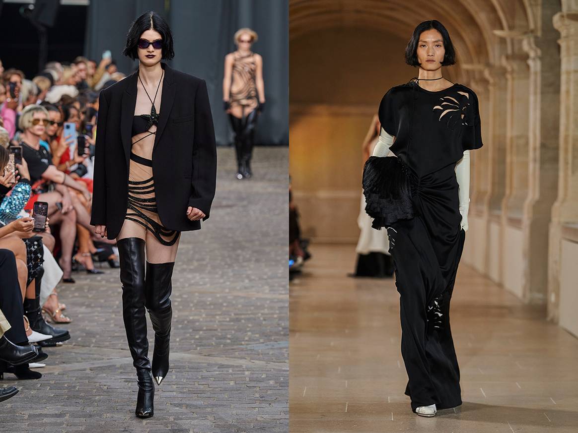 Links: David Koma, SS23, Ready to Wear show in Londen. Rechts: Victoria Beckham, SS23, Ready to Wear show in Parijs. Beeld: Launchmetrics Spotlight.