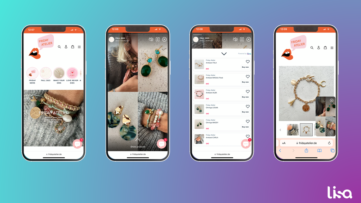 A few examples of the LiSA user experience. Shoppable stories