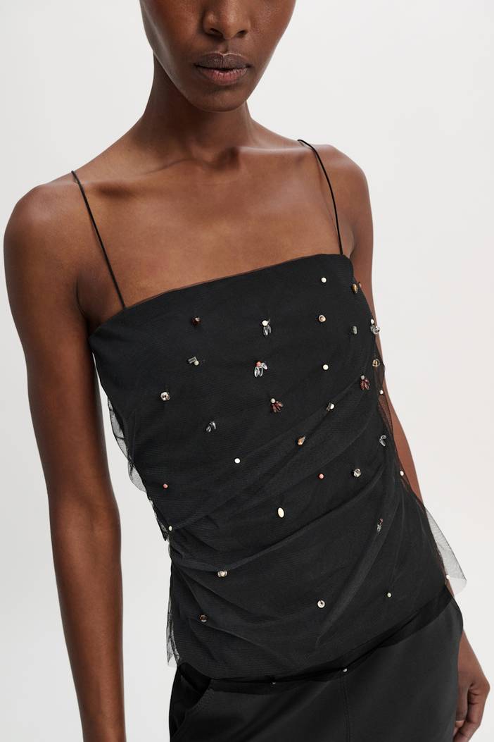 Strapless top in Punto Milano with embellished tulle overlay | dorothee schumacher