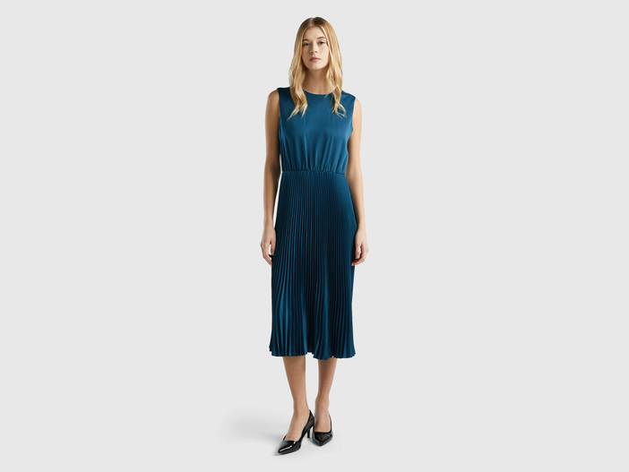 Benetton, Midi-kleid Mit Plissiertem Rock, größe L, Petrolgrün, female | United Colors of Benetton