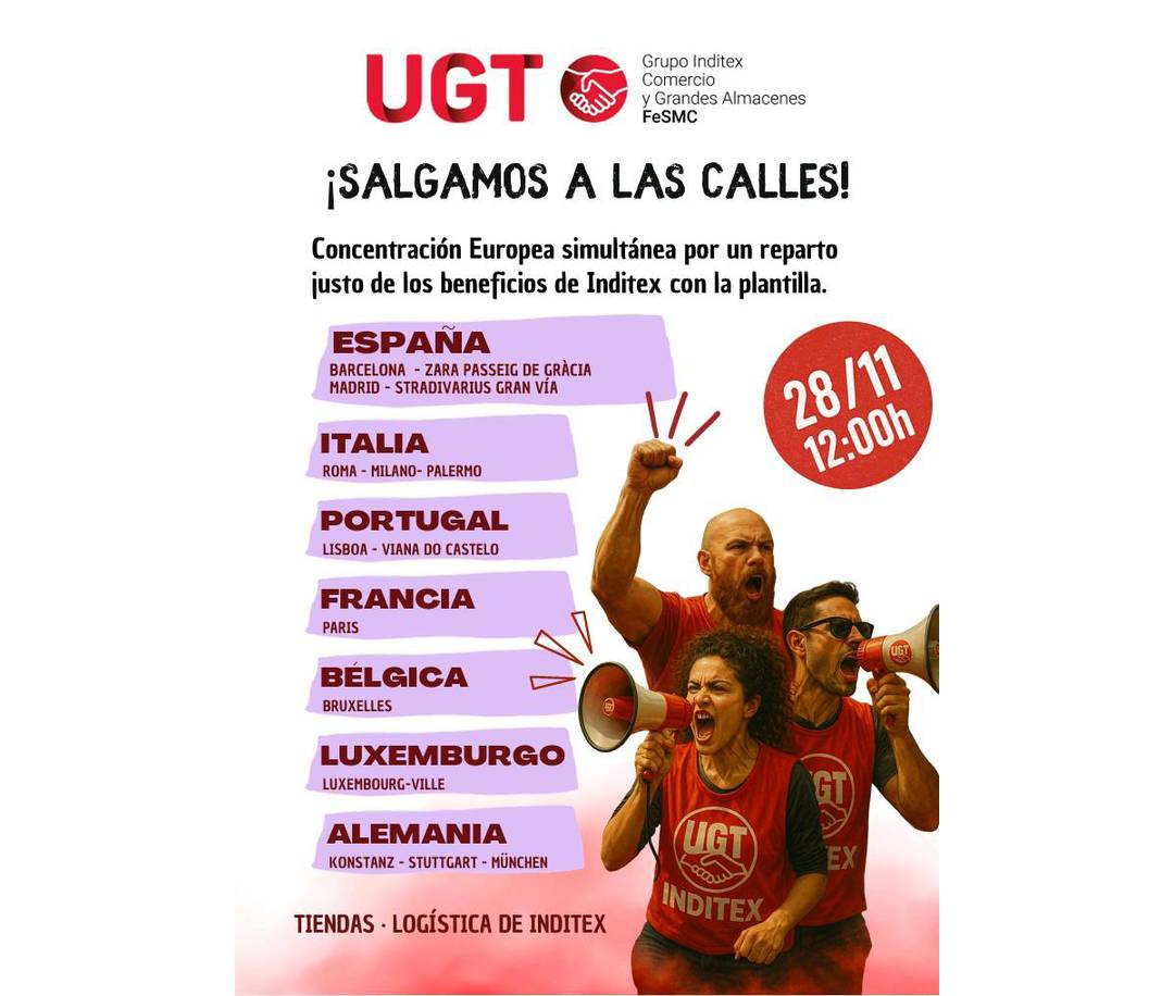 Poster van de bijeenkomsten georganiseerd door de EOR van Inditex in Europa voor 28 november 2025.