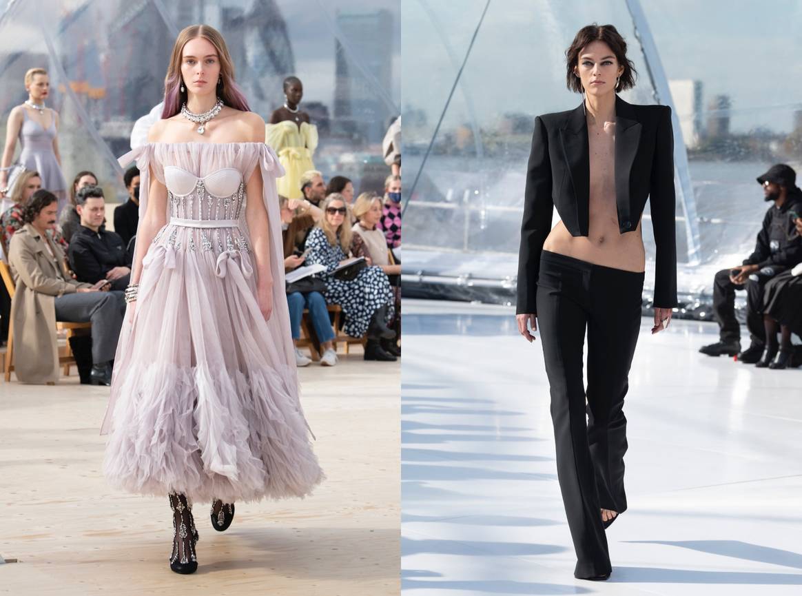 (links) Alexander McQueen Lente/Zomer 2022, (rechts) Lente/Zomer 2023.