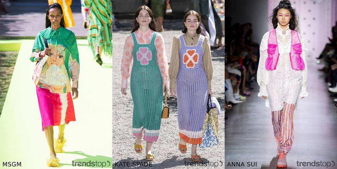 Beelden via Trendstop, van links naar rechts: MSGM, Kate Spade, Anna Sui, allen Voorjaar Zomer 2020.