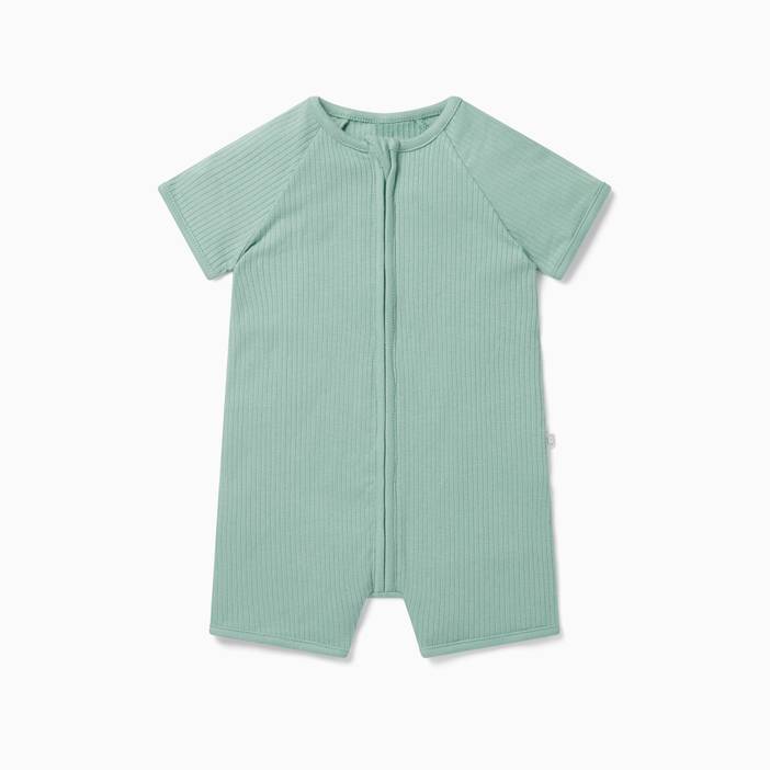Ribbed Zip Summer Baby Sleepsuit, Baby Boy/Baby Girl, Green, Allergy Friendly Organic Cotton | Mori