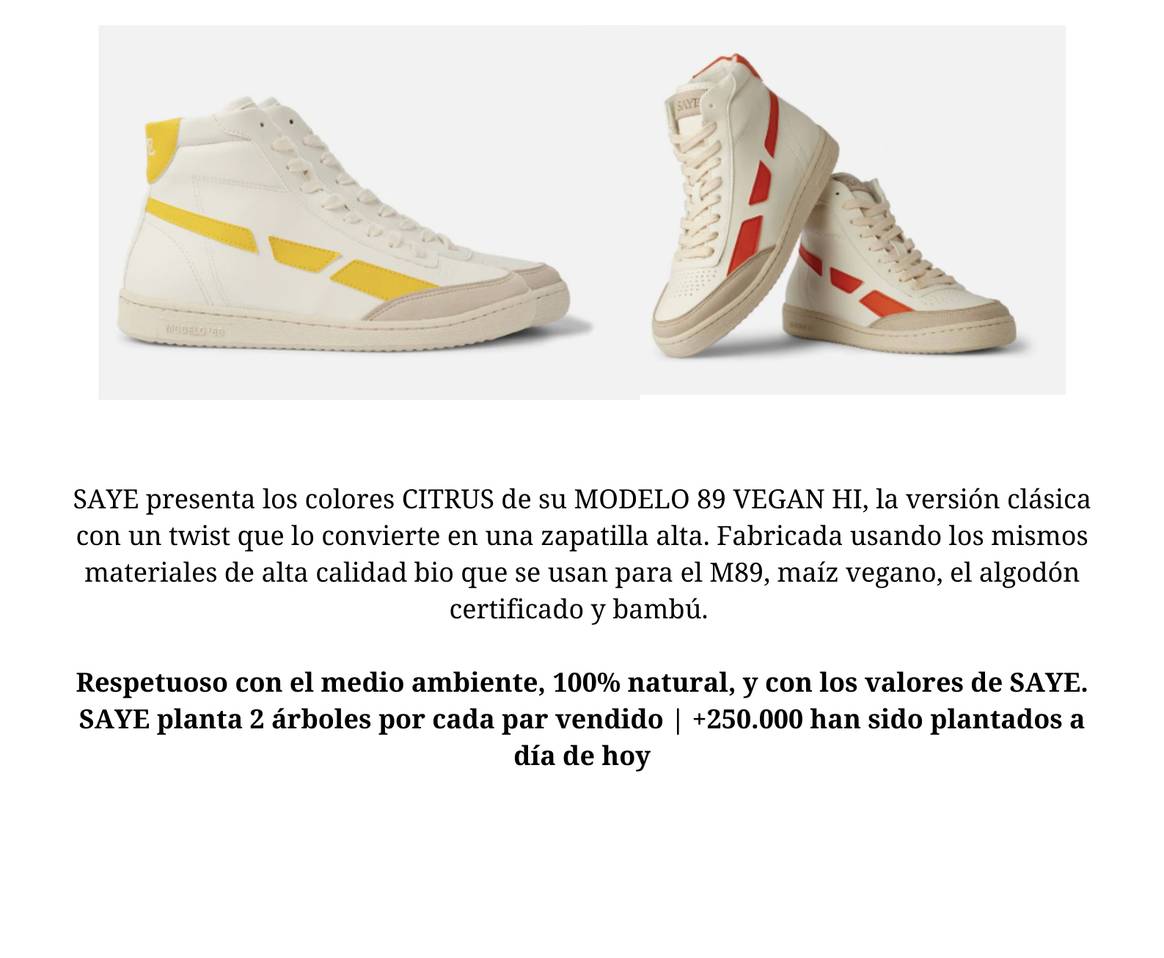 SAYE presenta Citrus, los nuevos colores del Modelo 89 Vegan Hi