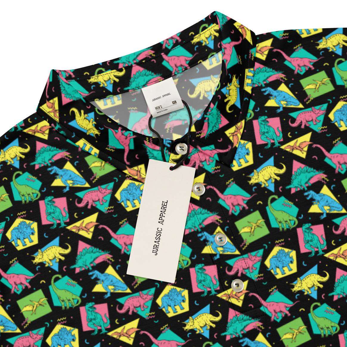 Men’s shirt with colourful dino print from Jurassic Apparel.