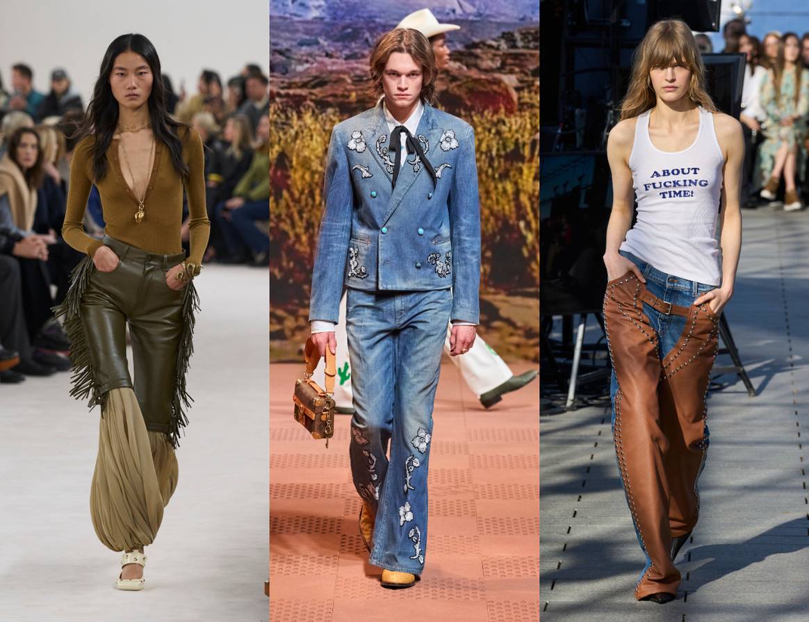 Cowboy trend on the runway: Chloe FW24, Louis Vuitton FW24 and Stella McCartney FW24.