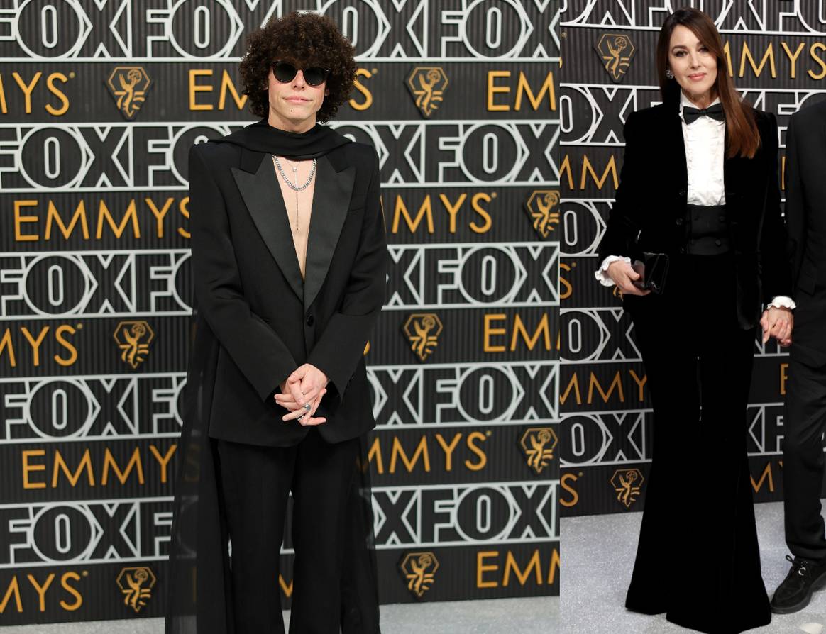 Reece Feldman and Monica Belluci wearing Saint Laurent at the 75th Primetime Emmy Awards.